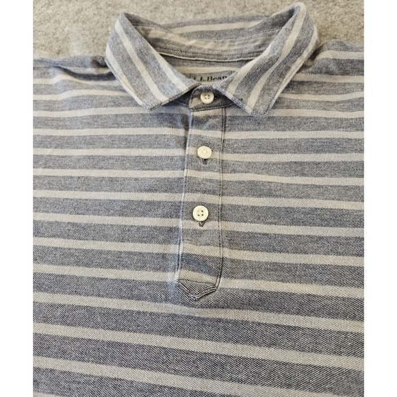 LL Bean Polo Shirt Men's L Gray White Striped Short Sleeve Cotton Blend Outdoors - Picture 1 of 11